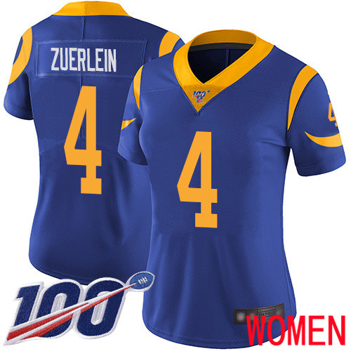Los Angeles Rams Limited Royal Blue Women Greg Zuerlein Alternate Jersey NFL Football 4 100th Season Vapor Untouchable